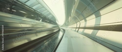 An ultramodern transit tunnel stretches infinitely, captured in sleek metal and glass—a journey through futuristic transportation and design marvels.