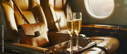 A lavish private jet interior with plush leather seats, a handbag, and champagne glasses, inviting relaxation and indulgence during a flight.