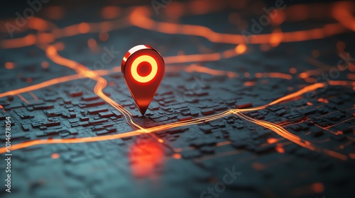 A glowing red location pin sits on a futuristic cityscape.