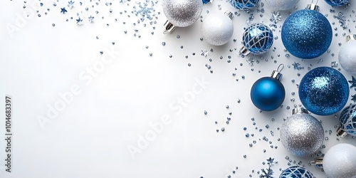 Festive silver and blue holiday decorations scattered on fresh snow. Generative AI.