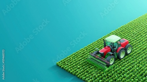 Red tractor working in green field on blue background, modern agricultural machinery