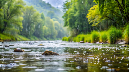 Soft rain gently falls on tranquil river surface, creating ripples and splashes. Lush greenery surrounds water, enhancing serene atmosphere of nature