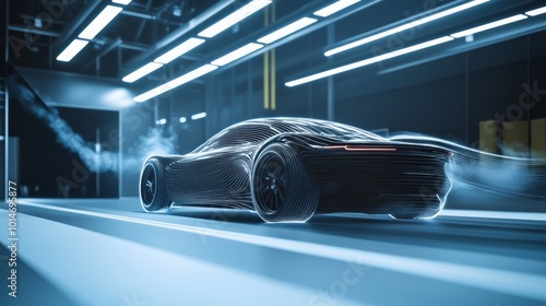 A black sports car in a wind tunnel testing facility, the car is moving forward and the airflow is visualized as lines.