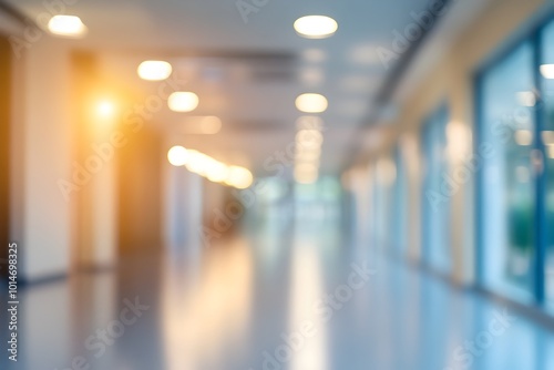 Blurred and out of focus background showcasing the clean modern and elegant interior design of a hospital or business office hallway with bright luminous lighting and a peaceful tranquil atmosphere