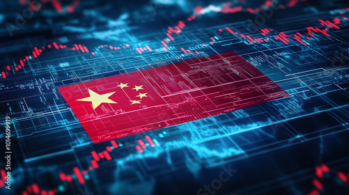 A Chinese flag with a stock market chart, finance, economy and growth data.