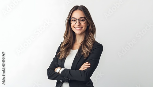 Portrait of a smiling woman wearing glasses and a black blazer