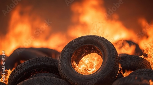 A large fire engulfs piles of tires, creating thick smoke and intense flames as emergency crews respond to contain the blaze