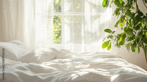 Bright bedroom with sunlight filtering through sheer curtains onto a white bed beside a lush indoor plant.