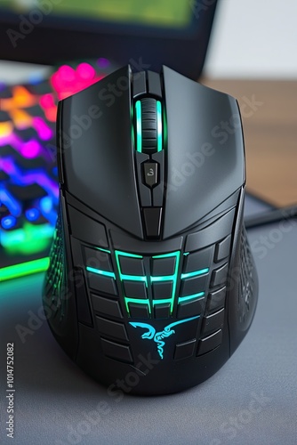 Stylish Gaming Mouse With LED Lights and Sleek Design Set Against a Colorful Keyboard Background