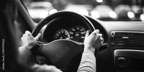 A woman is driving a car with her hands on the steering wheel, focused on the road