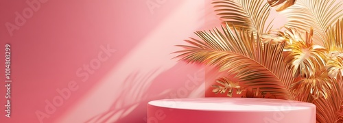 4. A stylish 3D render of a pink podium with shimmering gold palm decorations, positioned against a rich pink backdrop, creating a glamorous setting for presentations or product showcases