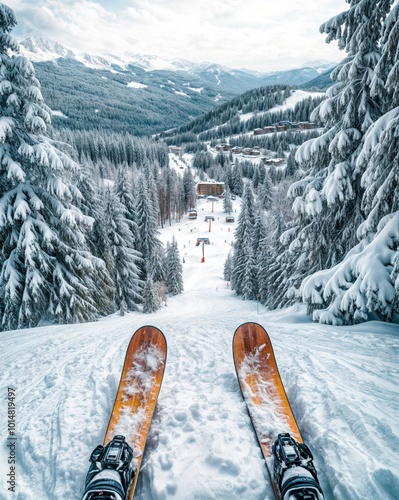 orange skis in the snow on the top of the mountain, first person view