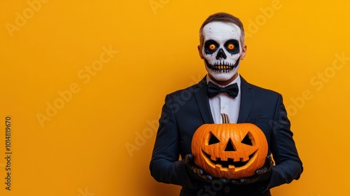 Photo of scary dead man on halloween wearing classical suit and creepy makeup holding carved pumpkin, isolated over yellow background