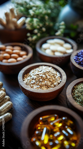 Natural Herbs and Supplements in Wooden Bowls