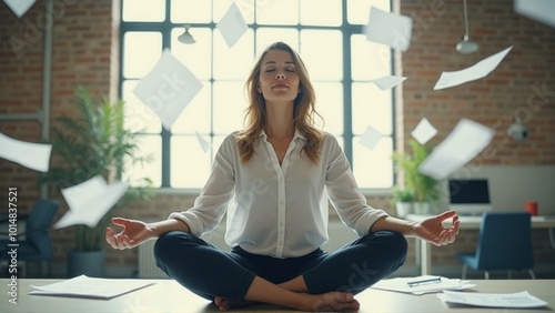 A businesswoman meditating in a modern office with papers floating around her, symbolizing calmness and balance in a chaotic work environment. The scene highlights mindfulness and stress relief.