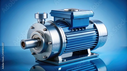 Industrial electric pump with asynchronous motor on blue background, modern, high-tech, centrifugal,engine, industrial