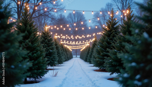 Christmas tree lot with festive lights and snow-covered path at dusk