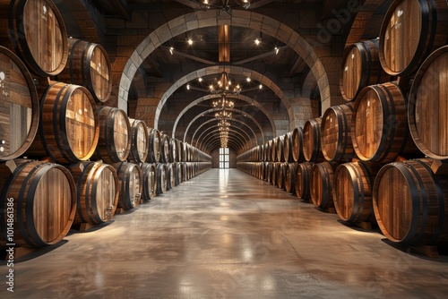 Rows of scotch whisky barrels at a distillery aging oak barrels for fine whiskey and brandy