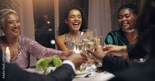 Business people, happy and toast champagne at party in celebration, goal or diversity for success with smile at night. Women, drinks and alcohol for cheers, congratulations and new year at gala event