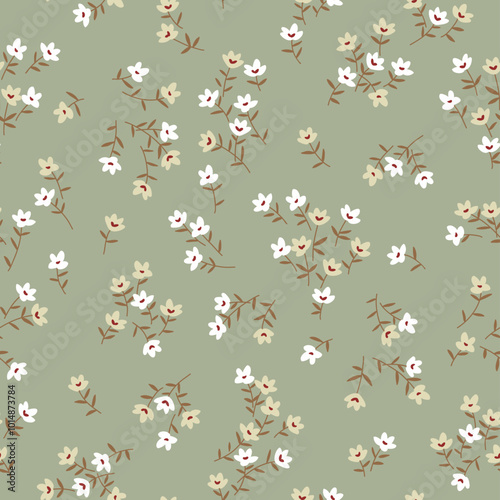 Vintage seamless floral pattern. Liberty style background of small pastel flowers. Small flowers scattered over a blue gray background. Stock vector for printing on surfaces. Abstract flowers. 