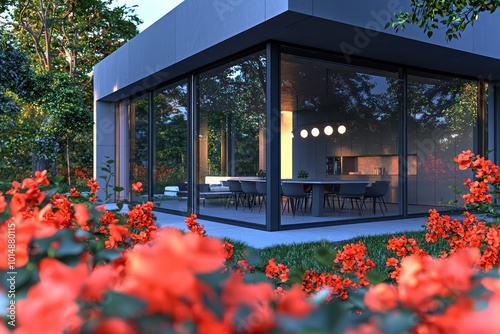 Indigo sleek ultramodern house, encircled by coral red flowers, featuring large windows and a gray dining area