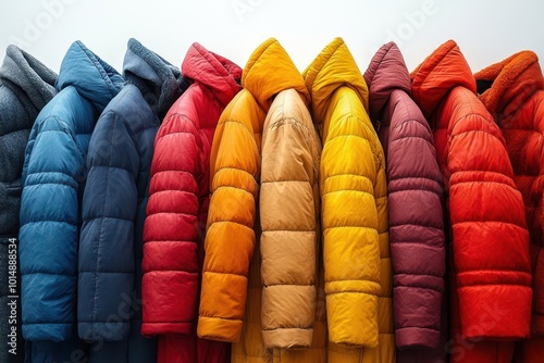 colorful coats forming rainbow arc against stark white background each coat unique in style and texture visually striking charity drive promotion