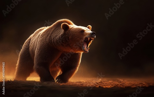 A striking image of a roaring brown bear illuminated by soft golden light, showcasing its formidable presence and wild beauty in a dramatic natural setting.