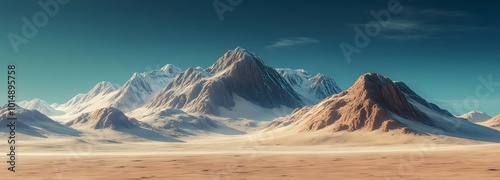 4. A stunning illustration of a barren rocky planet, where a stark desert landscape unfolds with sharp mountain ranges and soft sand dunes, conveying the vastness of this alien environment