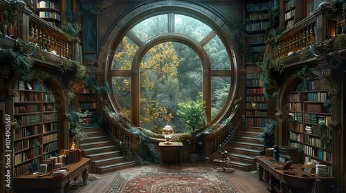 Enchanting Library with Round Window and Forest View