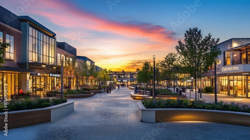 Bustling Mixed-Use Development at Sunset