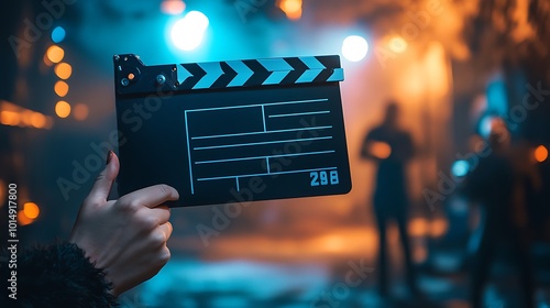 A hand holds a black clapperboard, with a film crew in the background on a set with colored lights.