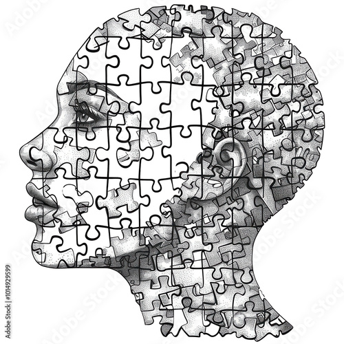 The jigsaw human head and brain, colorful, isolated on white background. PNG