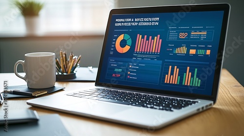 Photorealistic with side space for letters colorful digital dashboard showing monthly budgeting on a laptop screen next to a coffee cup and office essentials Stock Photo with copy space