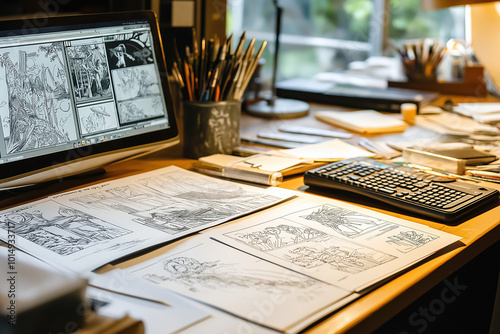 Close up of a graphic novelists desk