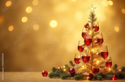 Christmas tree made of many wine glass on a gold background with garlands and bokeh, copy space