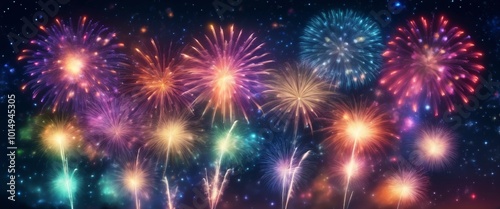 Dazzling display of fireworks bursting in a variety of colors against the night sky, symbolizing celebration festivity