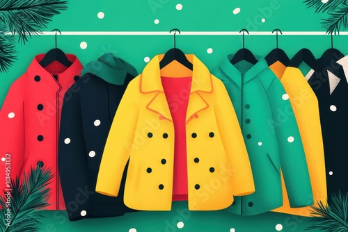 A colorful assortment of stylish winter coats hanging against a vibrant green background, as snowflakes gently fall.