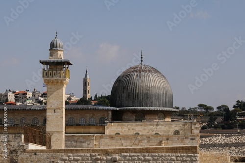 The black domed Al-Aqsa Mosque, the main congregational mosque in the Old City of Jerusalem.