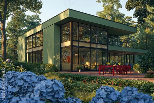 Sage green modern home, encircled by cerulean blue hydrangeas, with large windows and a ruby red outdoor dining set