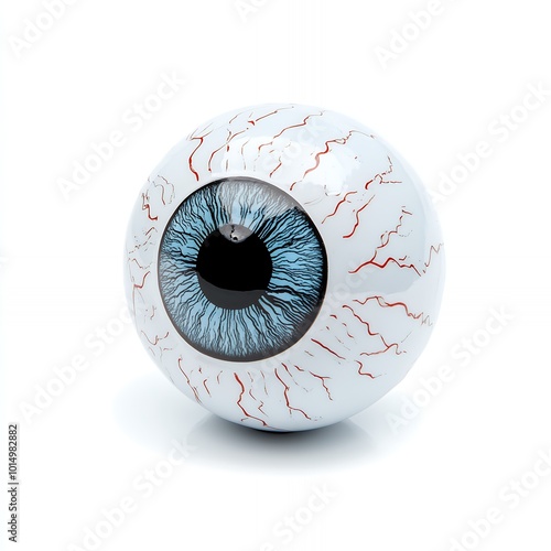 A close-up of a fake eyeball with a blue iris.