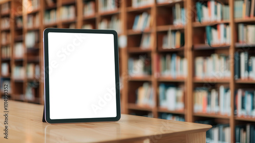 Tablet on library table, blank screen for mockup, surrounded by bookshelves, warm afternoon light, serene atmosphere in an educational setting