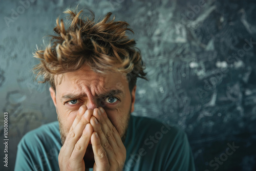 Man recoiling in disgust, covering nose, looking away from unpleasant odor, expression of revulsion