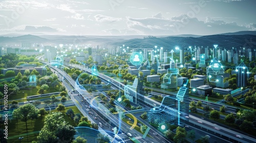 Blueprint of a futuristic smart city with interconnected buildings and sustainable energy systems