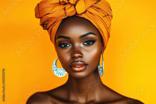 Radiant Beauty in Orange: A captivating portrait of a Black woman, adorned in a vibrant orange headwrap and elegant silver earrings, exudes confidence and grace against a bold yellow backdrop. 