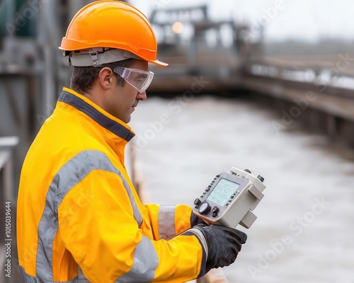 Technician using a weir to measure river discharge, precision engineering tools visible, Weir discharge measurement, Flow monitoring