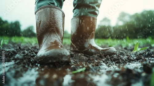 Captured from a low angle, rain-drenched muddy boots stride with purpose through a revitalized field, inspiring thoughts of resilience and hard work.