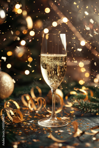 Glass of champagne with gold confetti, festive and elegant.