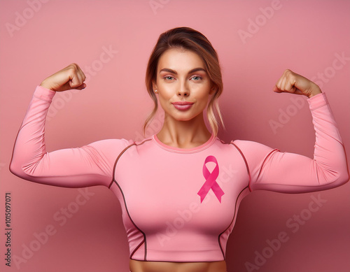 Mujer posando con el lazo de lucha contra el cancer de mama