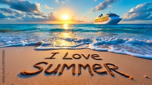 Sunset over ocean with cruise ship and 'I Love Summer' written in sand, reflecting a warm and inviting summer mood.