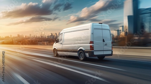 white modern cargo van speeding on motorway to city for express delivery service, business logistics and distribution, digital illustration